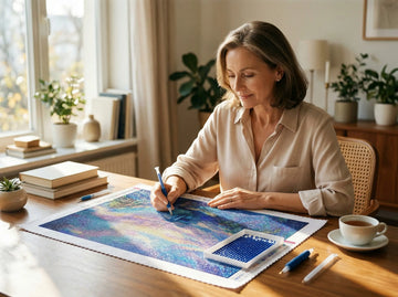 Femme élégante pratiquant la broderie diamant dans un salon ensoleillé.