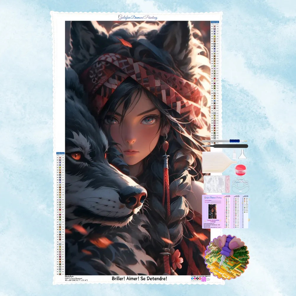 Diamond Painting 5D représentant une jeune fille mystique de style anime aux côtés de son fidèle compagnon loup.