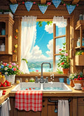 Broderie diamant représentant une cuisine rustique avec évier, fenêtre ouverte sur un paysage de lac et fleurs colorées, ambiance chaleureuse et lumineuse
