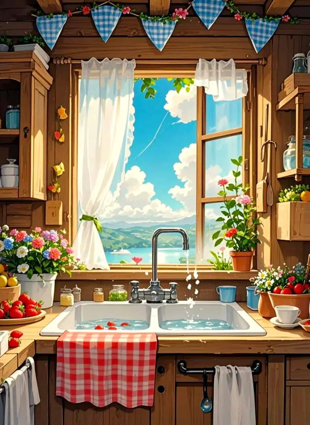 Broderie diamant représentant une cuisine rustique avec évier, fenêtre ouverte sur un paysage de lac et fleurs colorées, ambiance chaleureuse et lumineuse