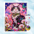 Tableau en diamant brillant d'un chat noir et blanc féerique au milieu de pissenlits sous un ciel étoilé mauve.