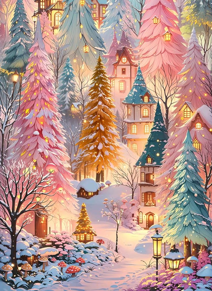 Broderie Diamant Village de Noël féérique - Forêt de rêve et de neige - Kit Complet