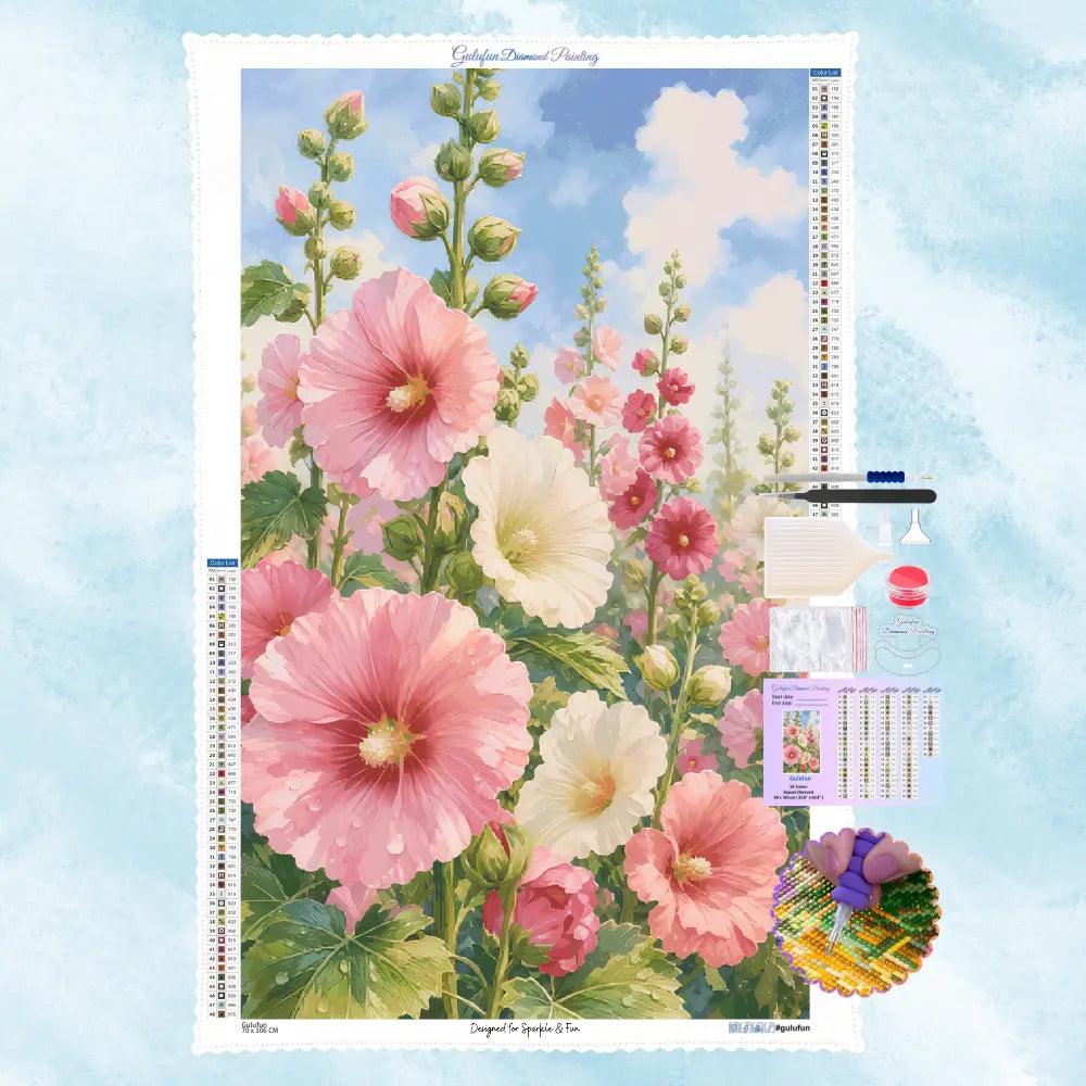 Peinture diamant style aquarelle avec de grandes tiges de roses trémières roses et blanches sur fond de ciel clair.