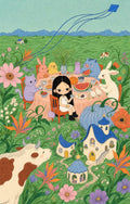 Illustration de broderie diamant représentant une fillette prenant le thé au jardin avec des animaux féeriques dans un décor champêtre.