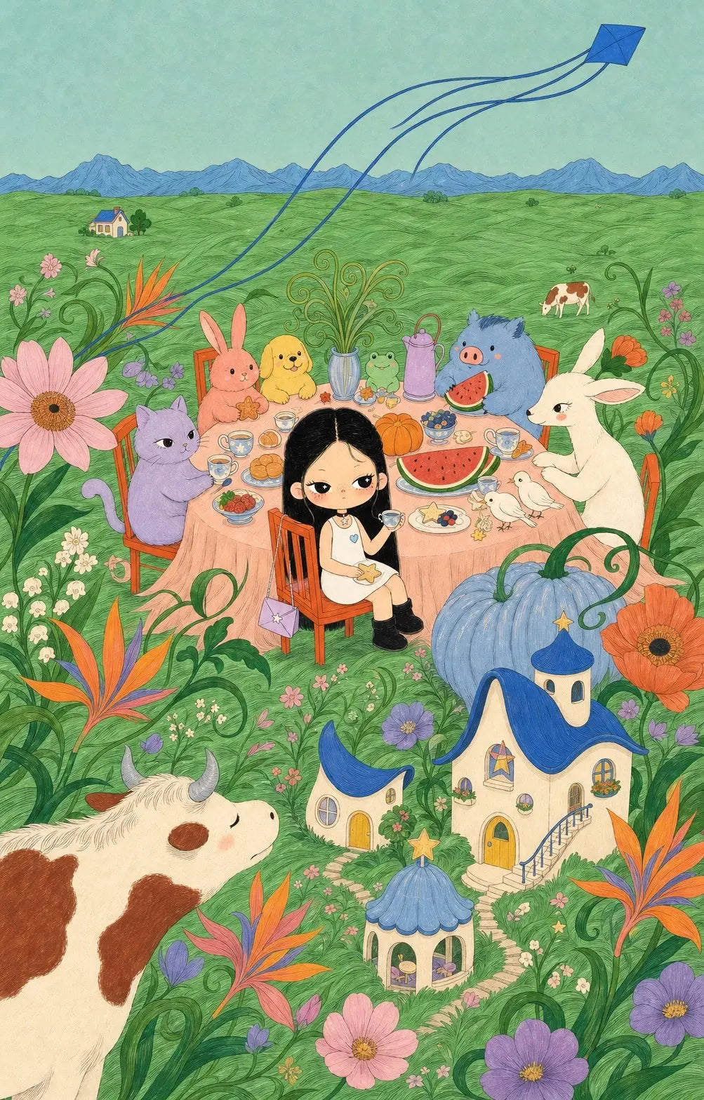 Illustration de broderie diamant représentant une fillette prenant le thé au jardin avec des animaux féeriques dans un décor champêtre.