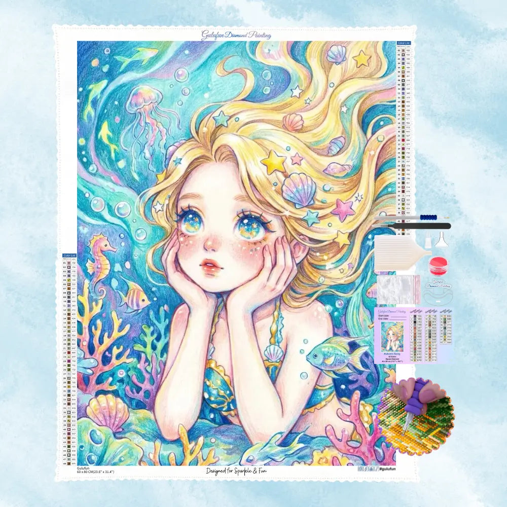 Illustration en strass d'une petite sirène aux cheveux d'or méditant dans un univers sous-marin multicolore.