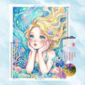 Illustration en strass d'une petite sirène aux cheveux d'or méditant dans un univers sous-marin multicolore.