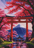 Détail des diamants de la broderie Mont Fuji & Cerisiers Rose avec les fleurs de cerisier et le torii rouge