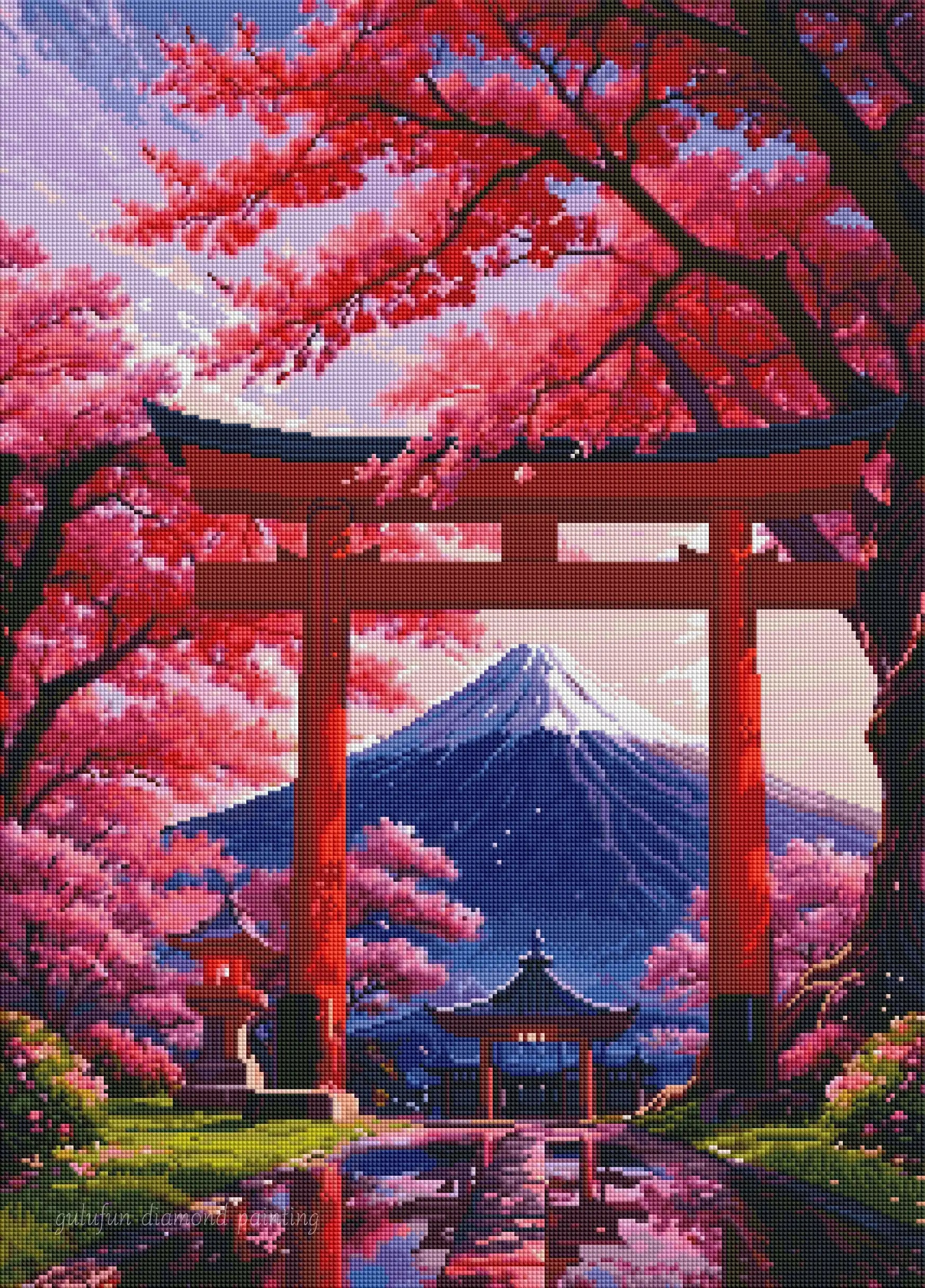 Détail des diamants de la broderie Mont Fuji & Cerisiers Rose avec les fleurs de cerisier et le torii rouge