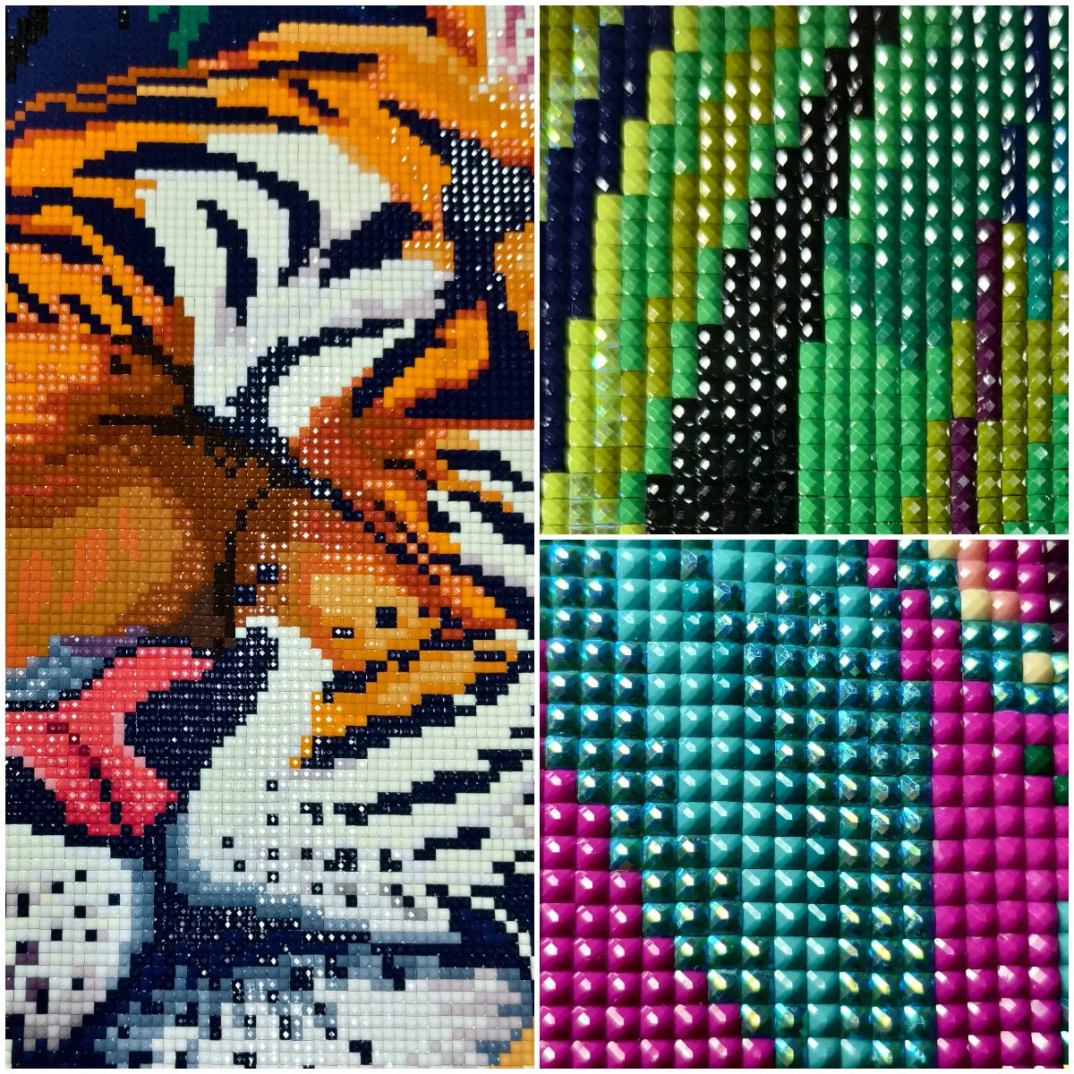 Gros plan sur les détails de la broderie diamant Tigre Endormi avec strass carrés en résine haute brillance et rendu ultra détaillé.