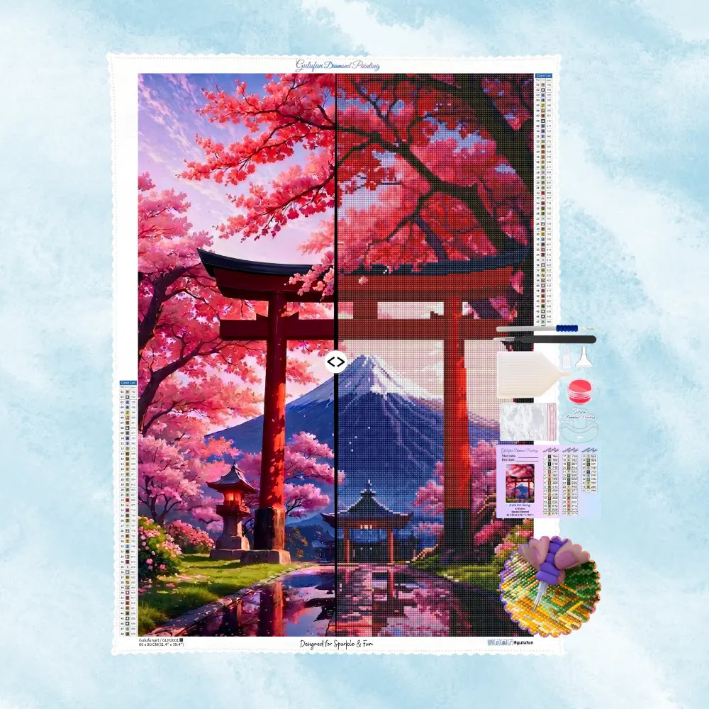 Comparaison entre l’illustration originale et sa réalisation en broderie diamant Mont Fuji & Cerisiers Rose