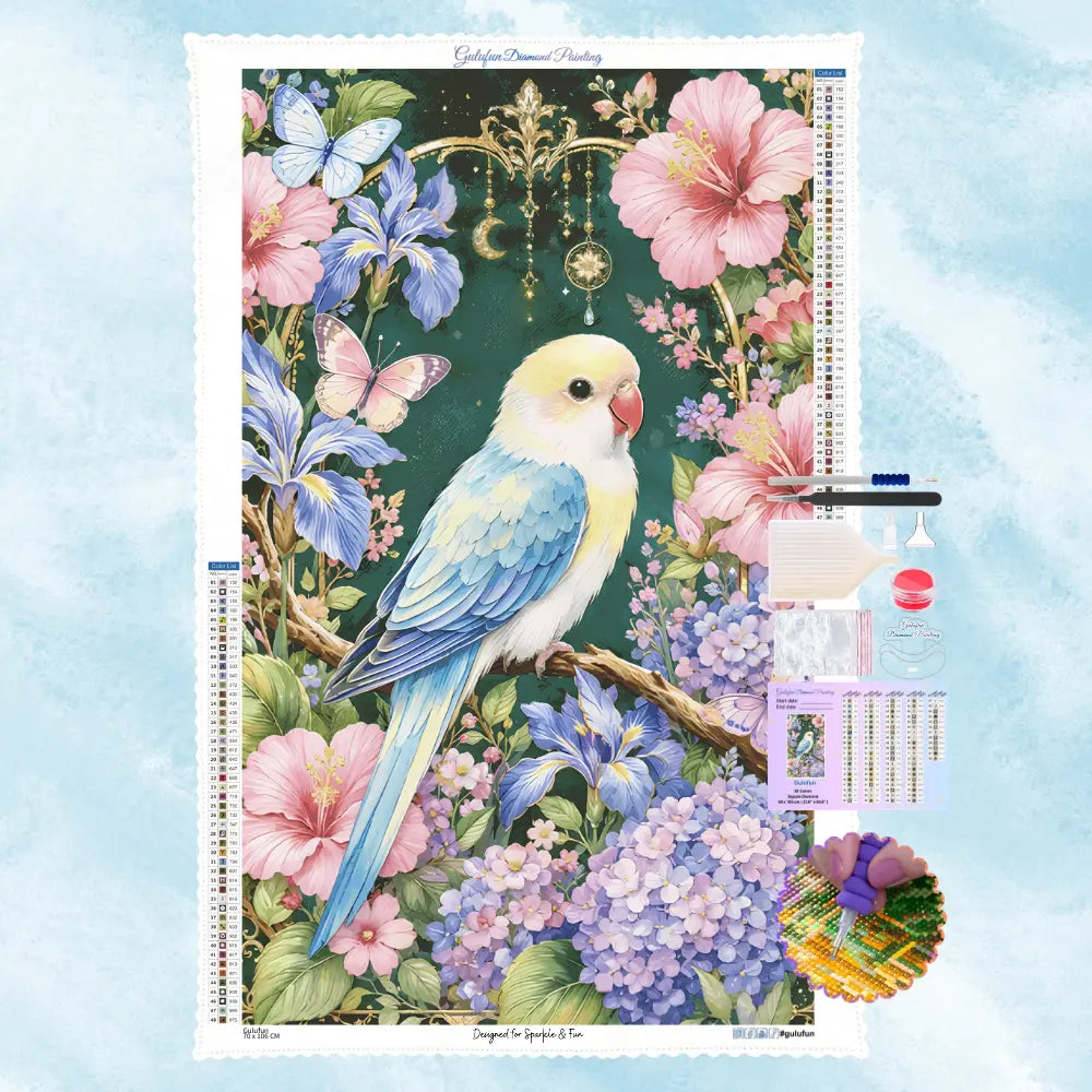 Kit strass diamant montrant un petit perroquet bleu et jaune entoure de fleurs d'iris et d'hibiscus dans une arche dorée.