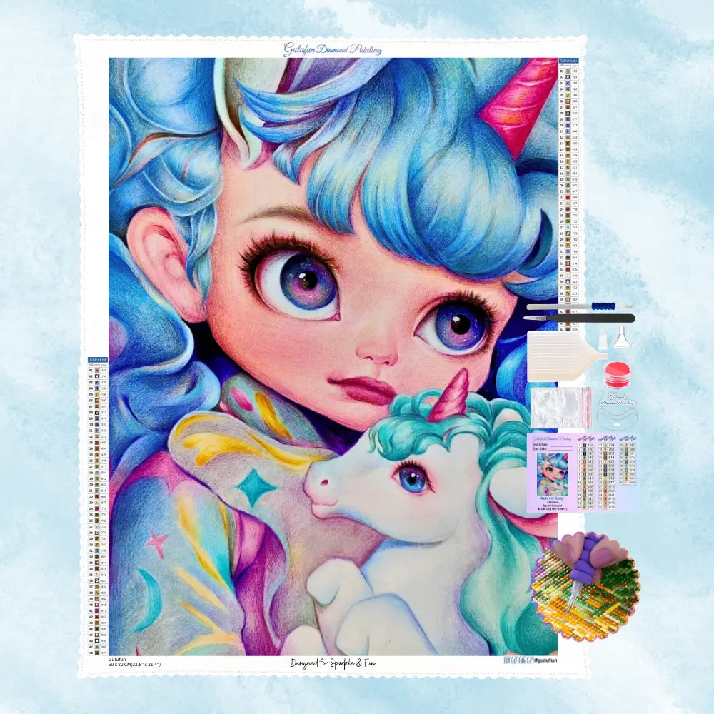 Tableau diamants féerique montrant une fillette aux cheveux bleus et un bébé licorne arc-en-ciel.