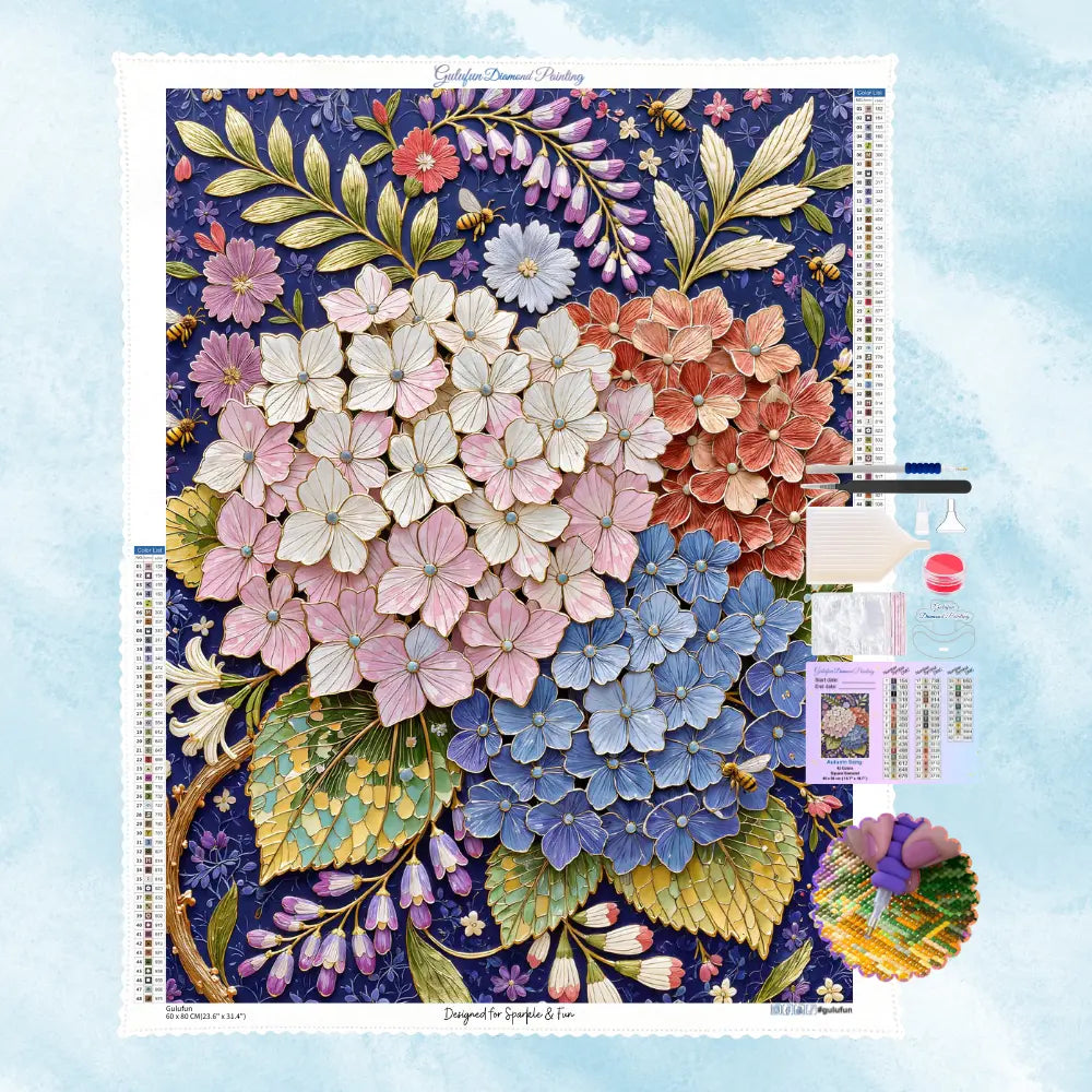 Kit de broderie diamant floral au style gravure vintage présentant des bouquets d'hortensias et des butineuses.