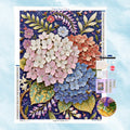 Kit de broderie diamant floral au style gravure vintage présentant des bouquets d'hortensias et des butineuses.