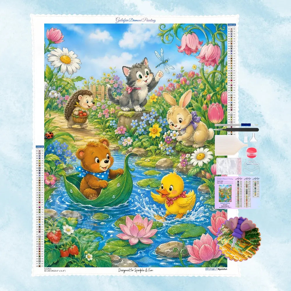 Peinture diamants d'animaux mignons, ourson en barque de feuille, hérisson et chaton jouant près de l'eau.