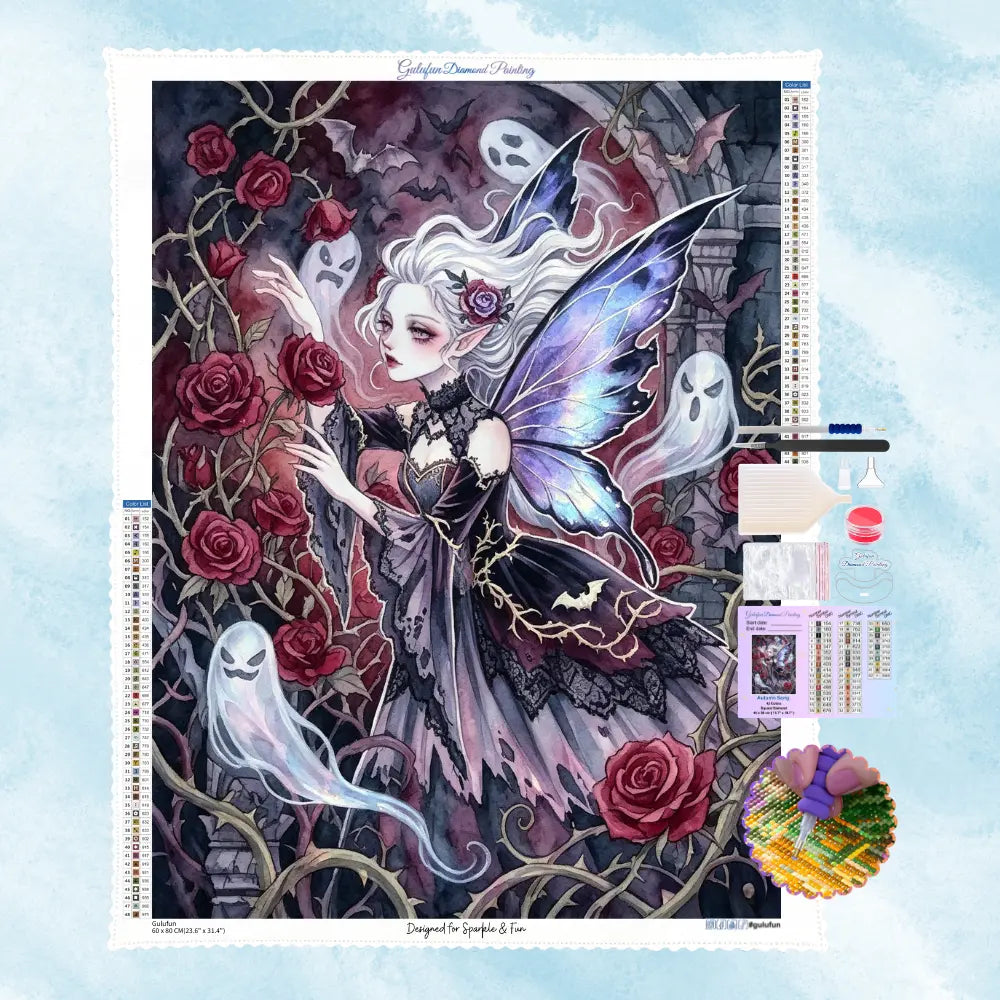 Kit de broderie diamant complet avec toile fée gothique et fantômes, stylo applicateur, colle et plateau à strass gulufun.
