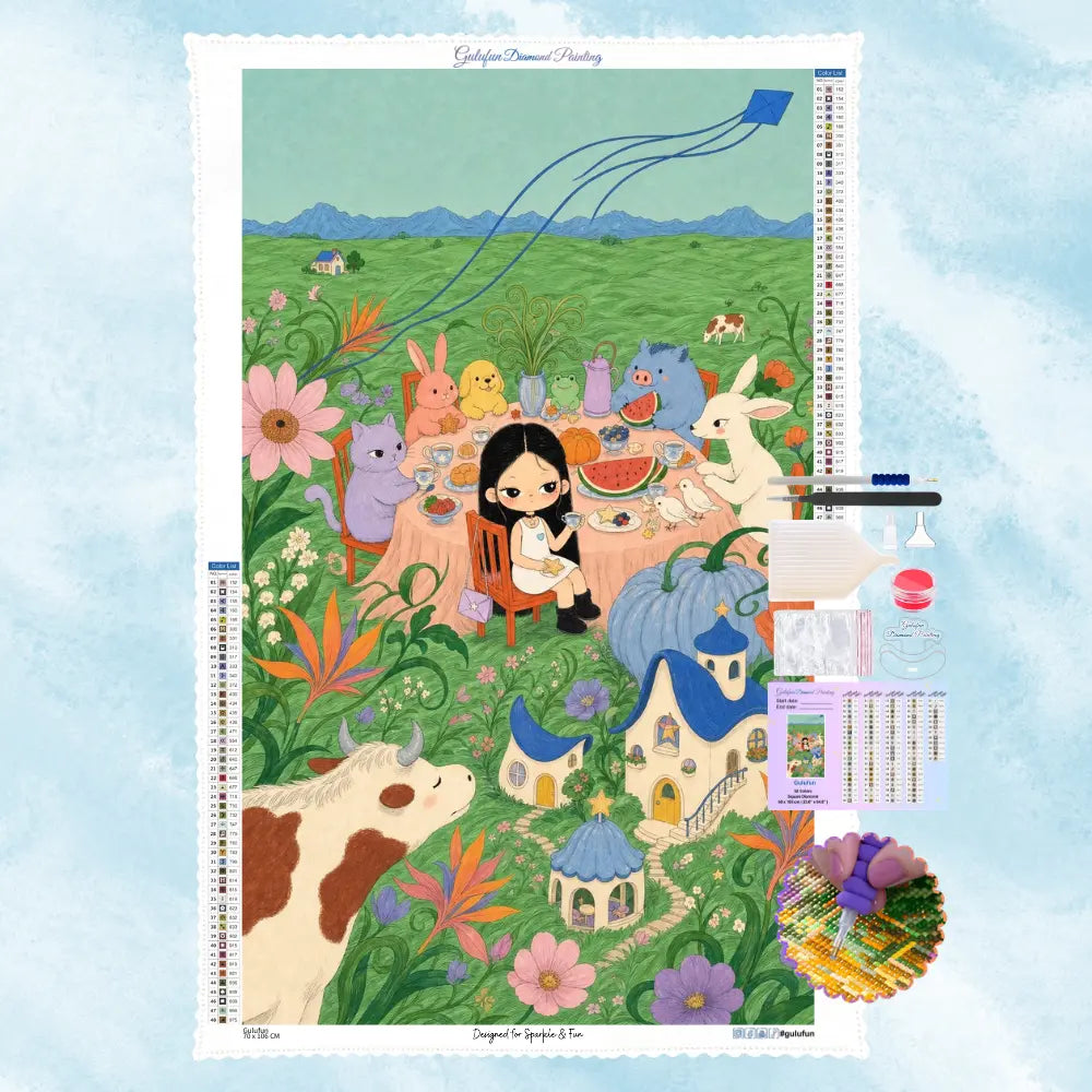 Kit complet de broderie diamant gulufun Le Goûter Magique au Jardin avec toile, strass colorés, stylo applicateur, colle et plateau.