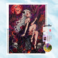 Présentation du kit complet Diamond Painting gulufun avec la toile de la princesse démone sous la lune rouge et ses accessoires.