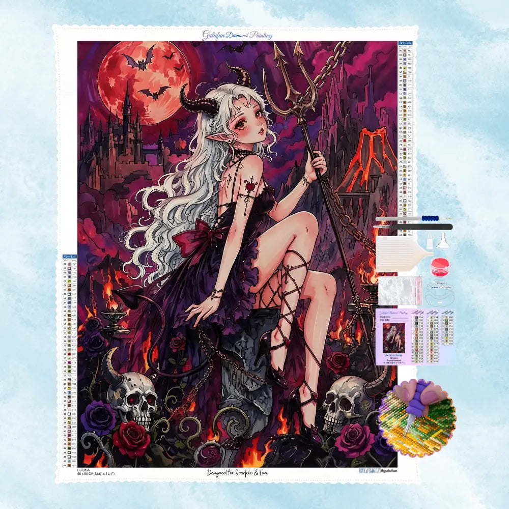 Présentation du kit complet Diamond Painting gulufun avec la toile de la princesse démone sous la lune rouge et ses accessoires.