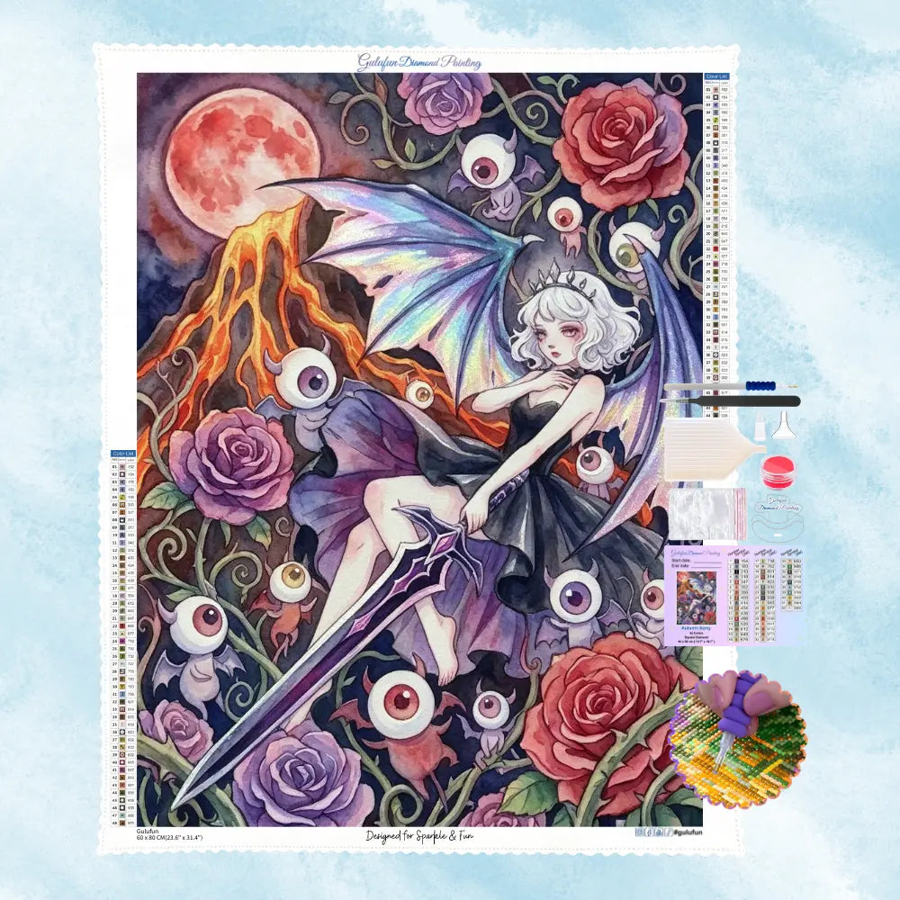 Vue du kit complet de diamond painting gulufun incluant la toile reine d'épines à l'épée magique et tout le matériel requis.