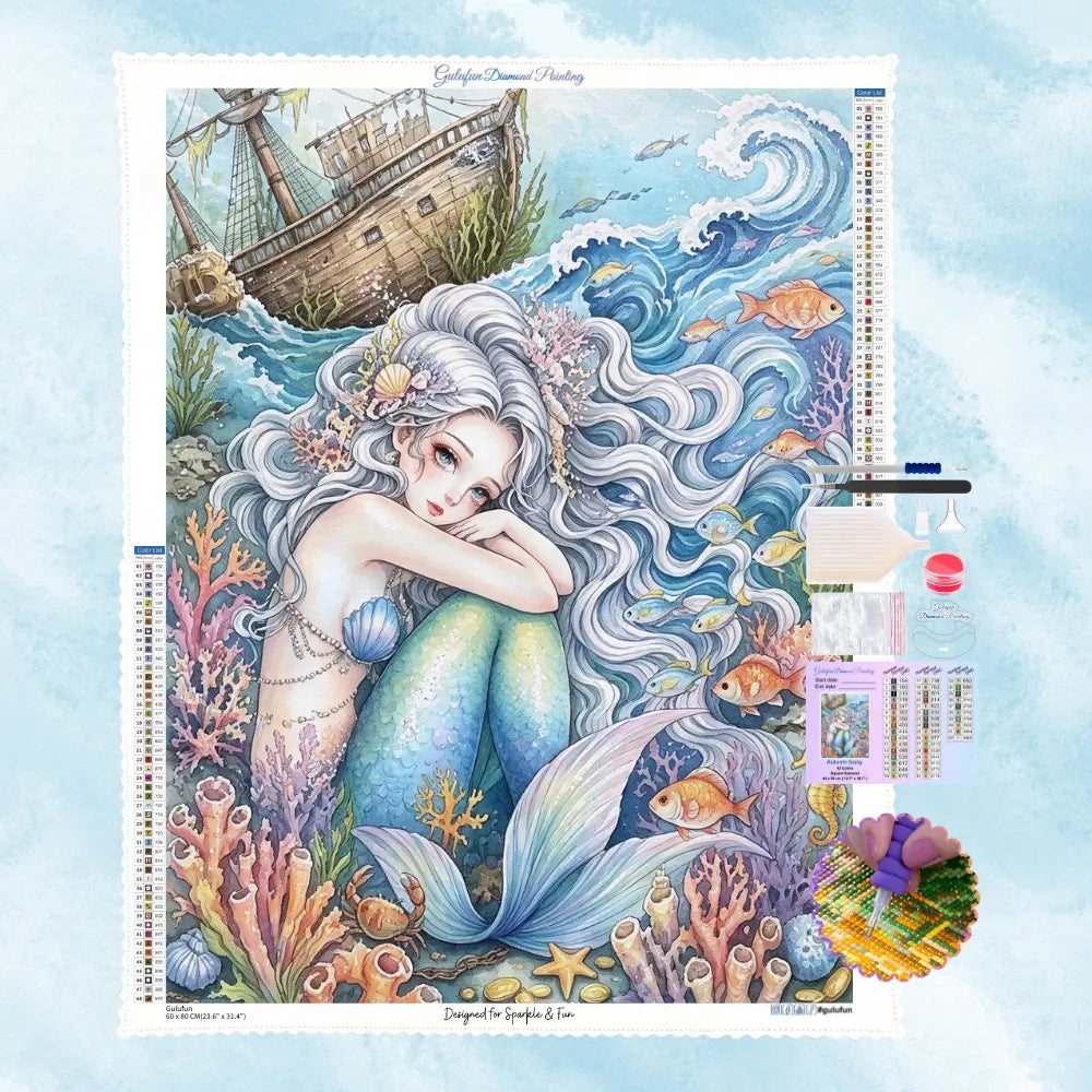 Kit complet de broderie diamant gulufun comprenant la toile de la sirène des abysses, les strass colorés et les outils de strassage.