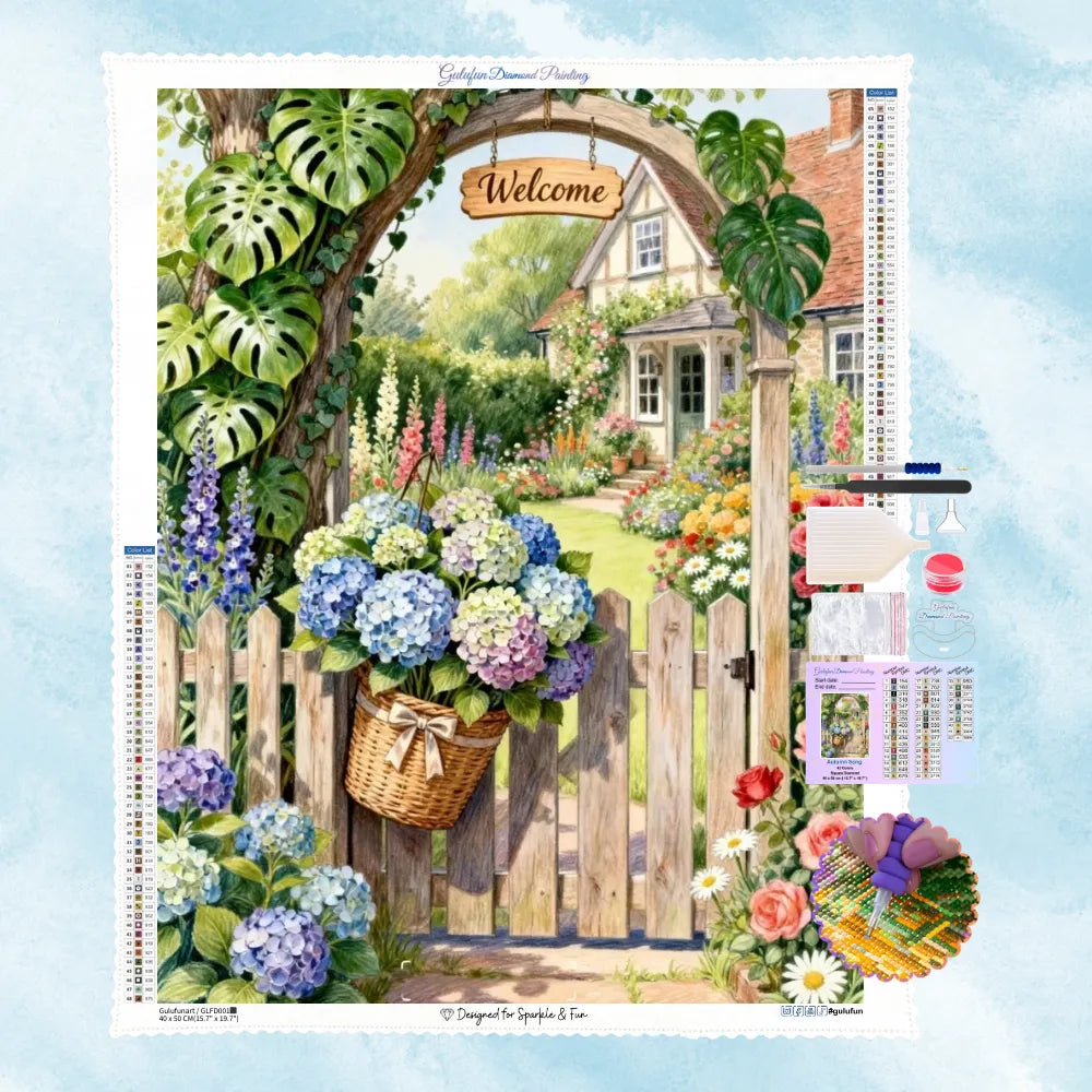 Broderie diamant représentant un portail en bois avec hortensias colorés et maison de campagne dans un jardin fleuri, kit complet inclus