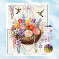 Kit de broderie diamant complet avec toile imprimée panier de fleurs et colibris, accessoires inclus et aperçu du rendu final
