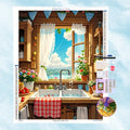 Kit complet de broderie diamant avec toile imprimée cuisine rustique, fenêtre ouverte sur paysage naturel, accessoires inclus et rendu final scintillant