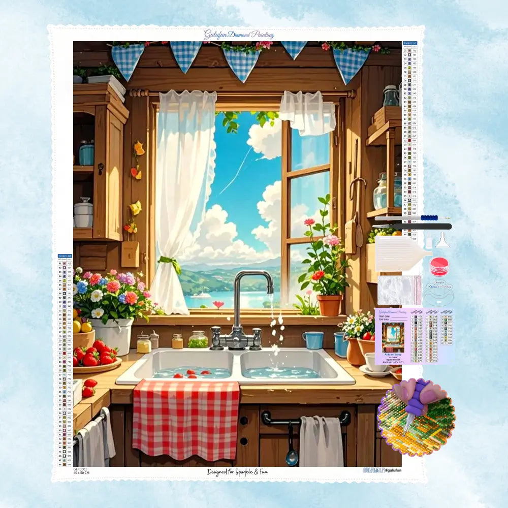 Kit complet de broderie diamant avec toile imprimée cuisine rustique, fenêtre ouverte sur paysage naturel, accessoires inclus et rendu final scintillant
