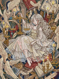Broderie diamant La Balance Céleste terminée avec une jeune femme, des anges, des plumes et une balance dorée
