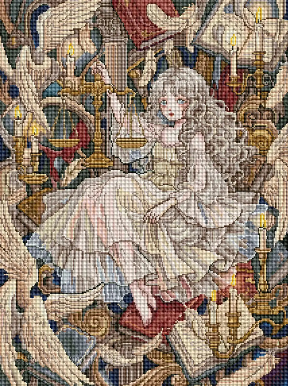 Broderie diamant La Balance Céleste terminée avec une jeune femme, des anges, des plumes et une balance dorée
