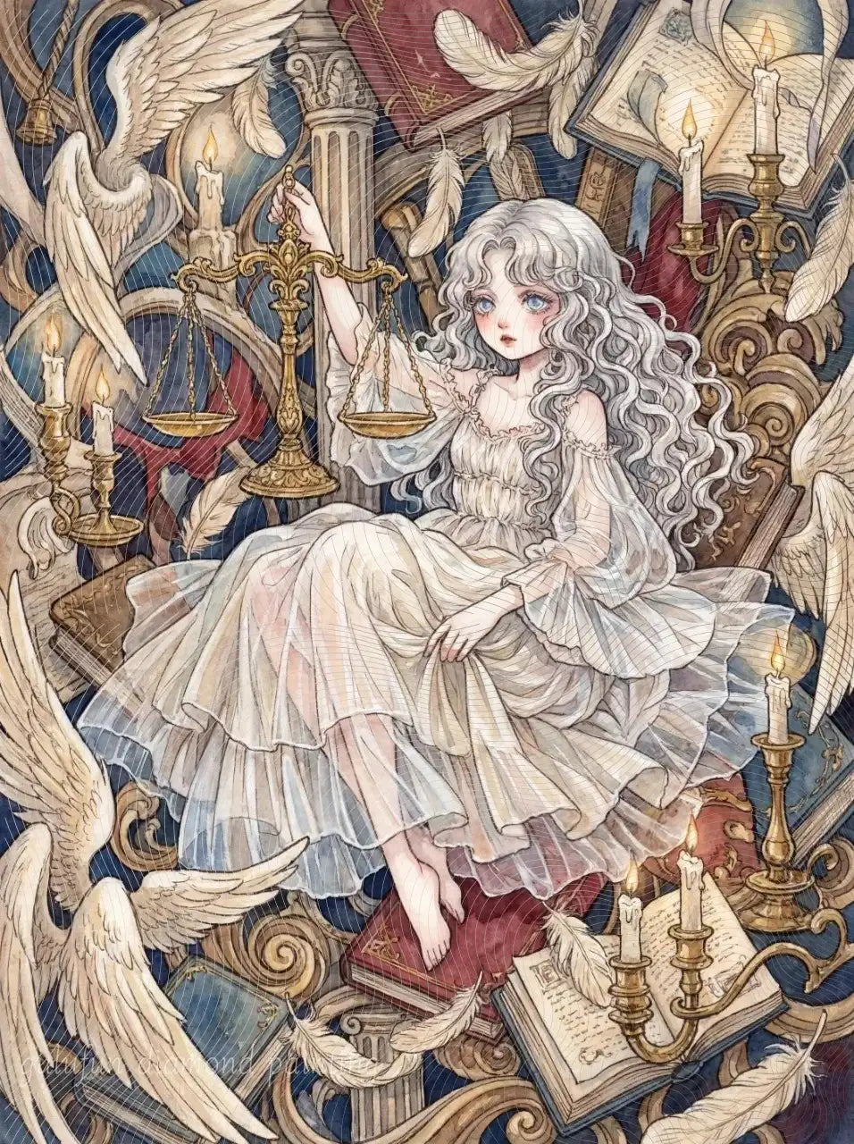 Illustration de La Balance Céleste représentant une jeune femme entourée d’ailes, de bougies et d’une balance dorée