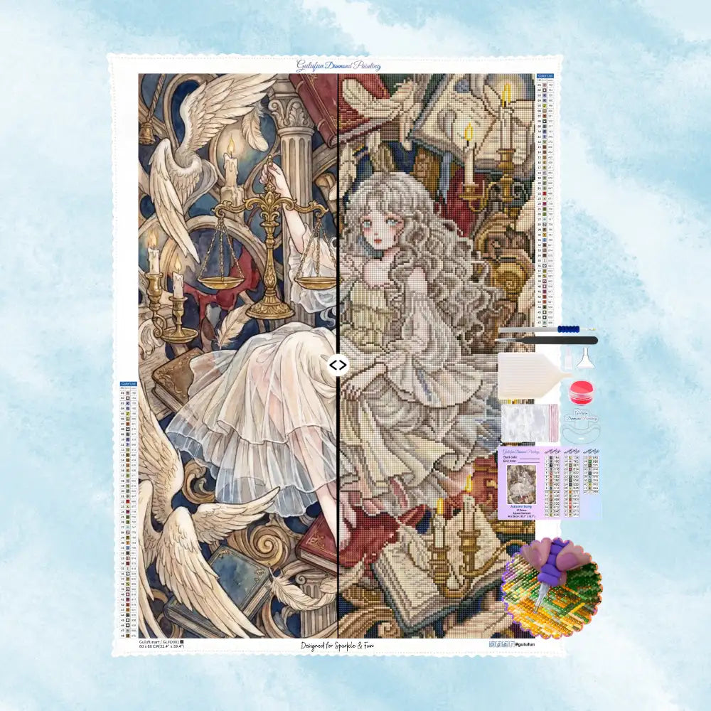 Kit de broderie diamant La Balance Céleste avec une jeune femme, des anges, une balance et des bougies