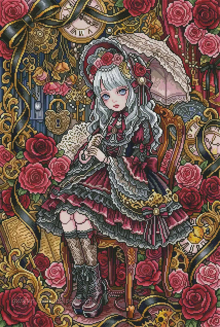 Broderie diamant La Rose Éternelle terminée avec une jeune fille gothique entourée de roses et d’horloges