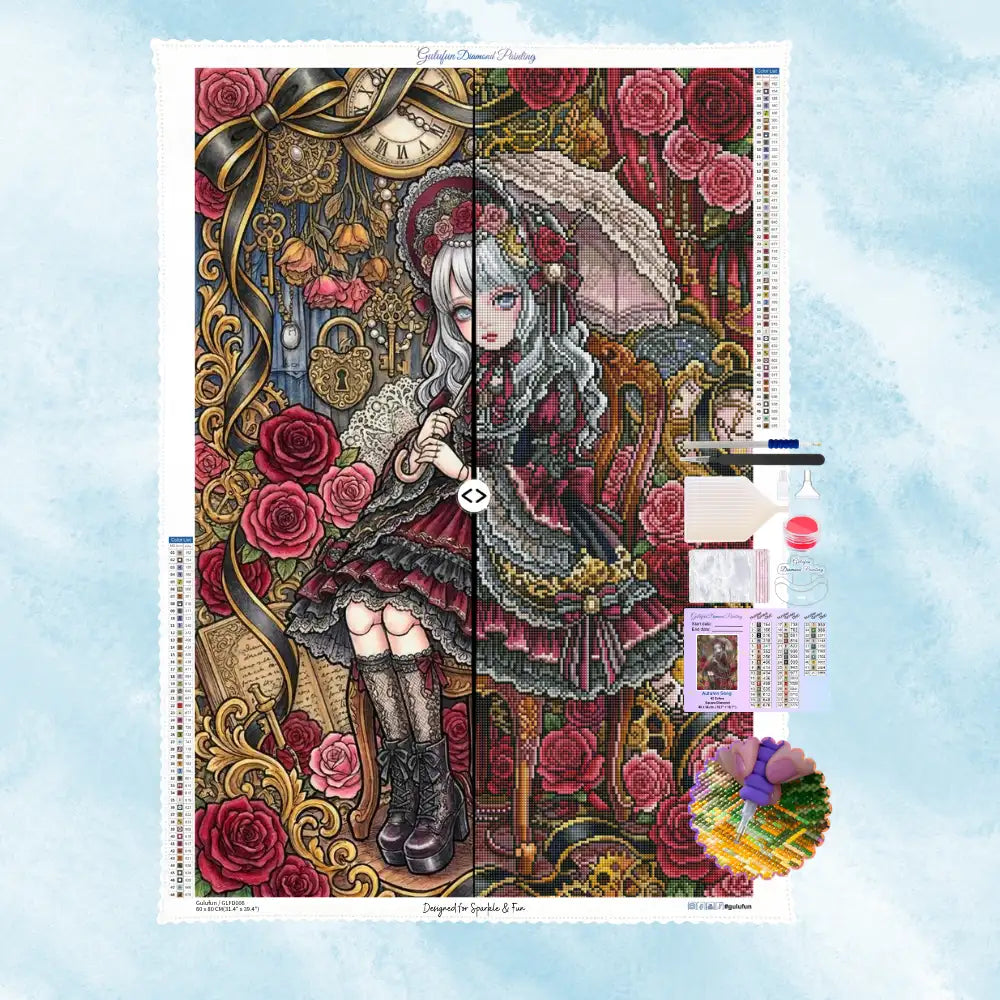 Kit de broderie diamant La Rose Éternelle avec toile, accessoires et design gothique