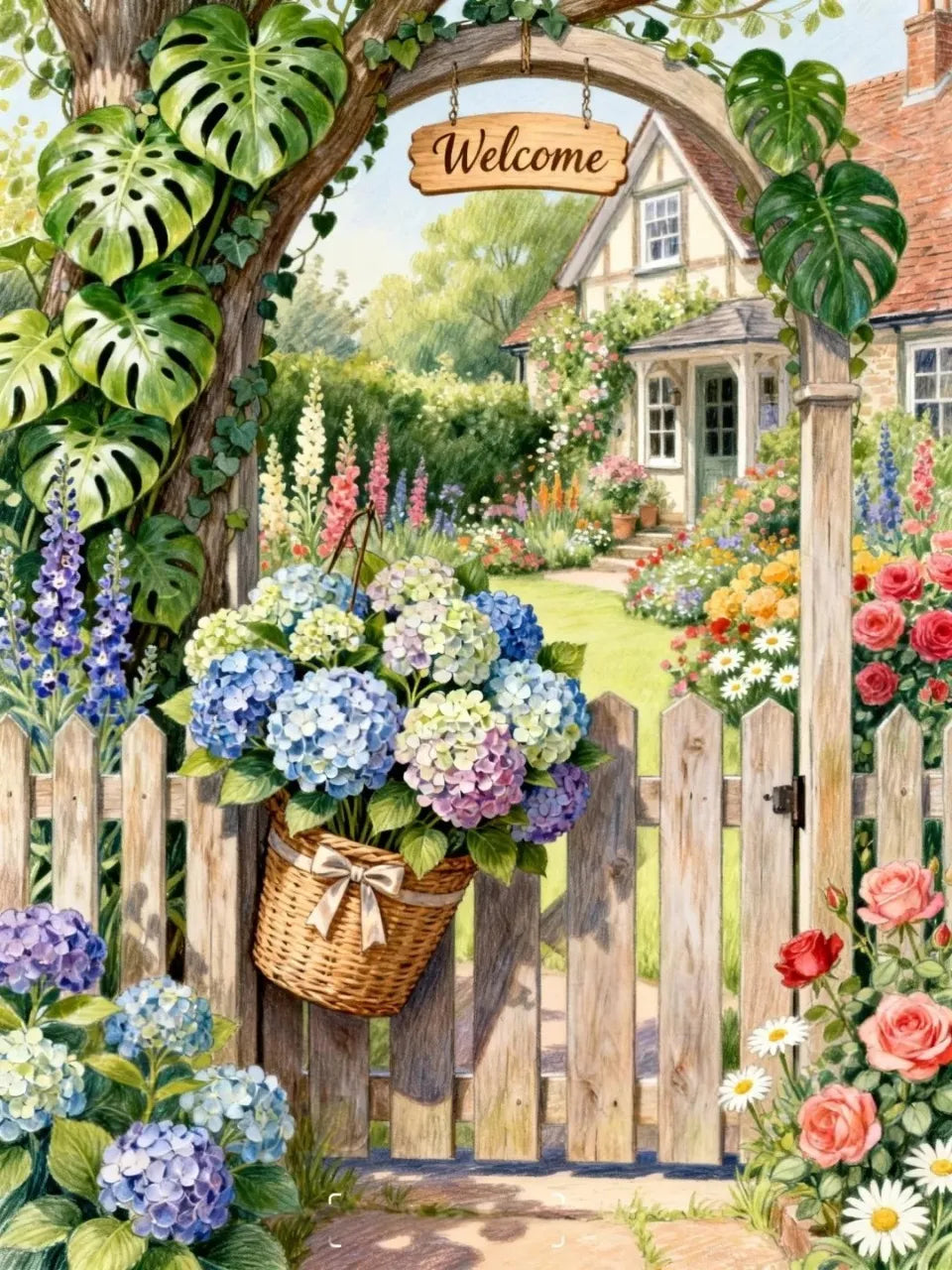 Illustration de style aquarelle et crayon de couleur : un portail en bois rustique avec une pancarte « Welcome », un panier d'hortensias multicolores (bleu, violet, vert pâle) sur la clôture, des feuilles de monstera grimpantes, un jardin anglais luxuriant (roses, delphiniums, marguerites) et une maison de campagne à colombages. Idéale pour la décoration de jardin, la papeterie et les produits de bien-être.