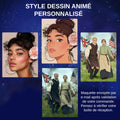 Modèle de tableau diamant personnalisé : conversion portrait photo en style dessin animé, deux exemples de personnalisation, précision sur l’envoi du projet par mail après validation commande.