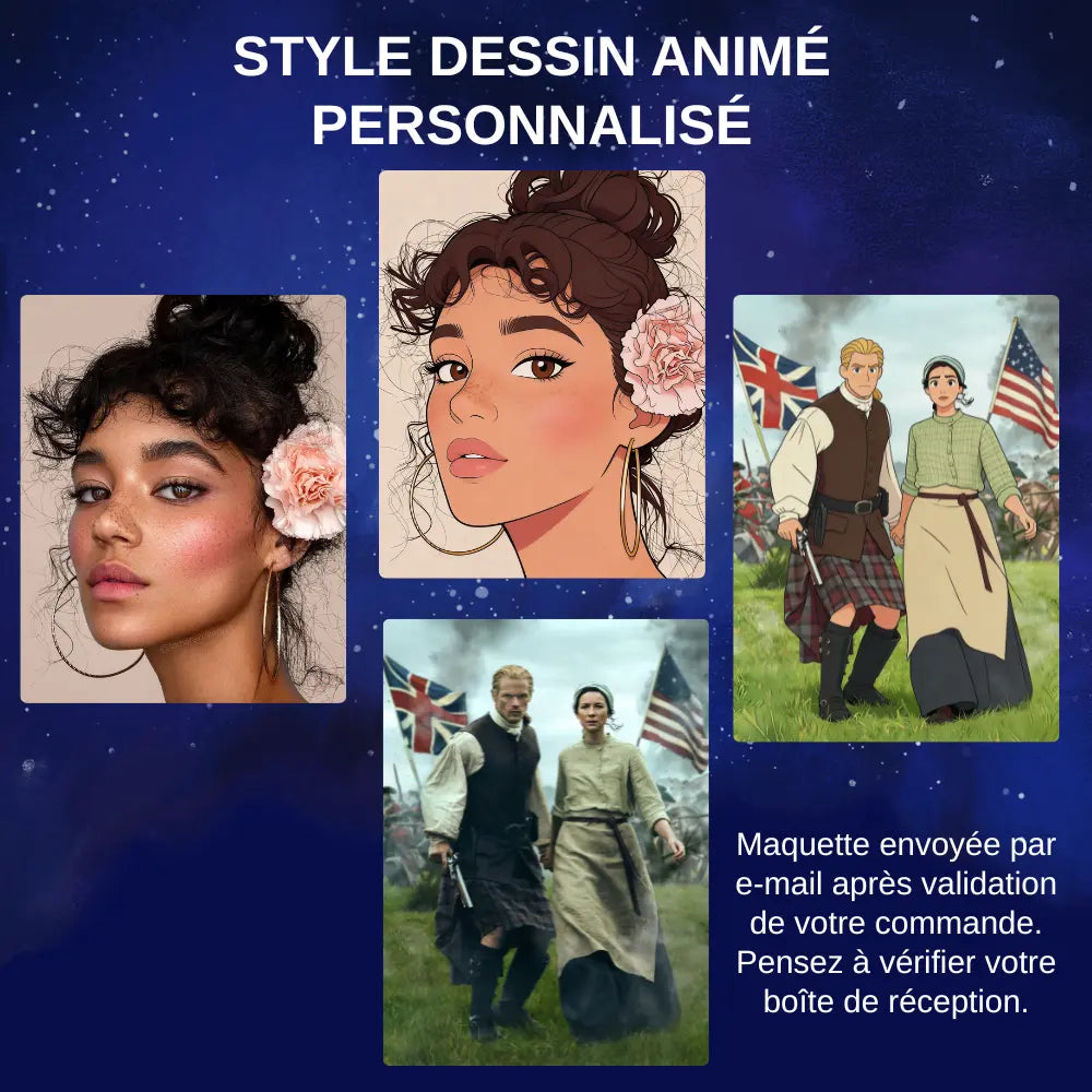 Modèle de tableau diamant personnalisé : conversion portrait photo en style dessin animé, deux exemples de personnalisation, précision sur l’envoi du projet par mail après validation commande.