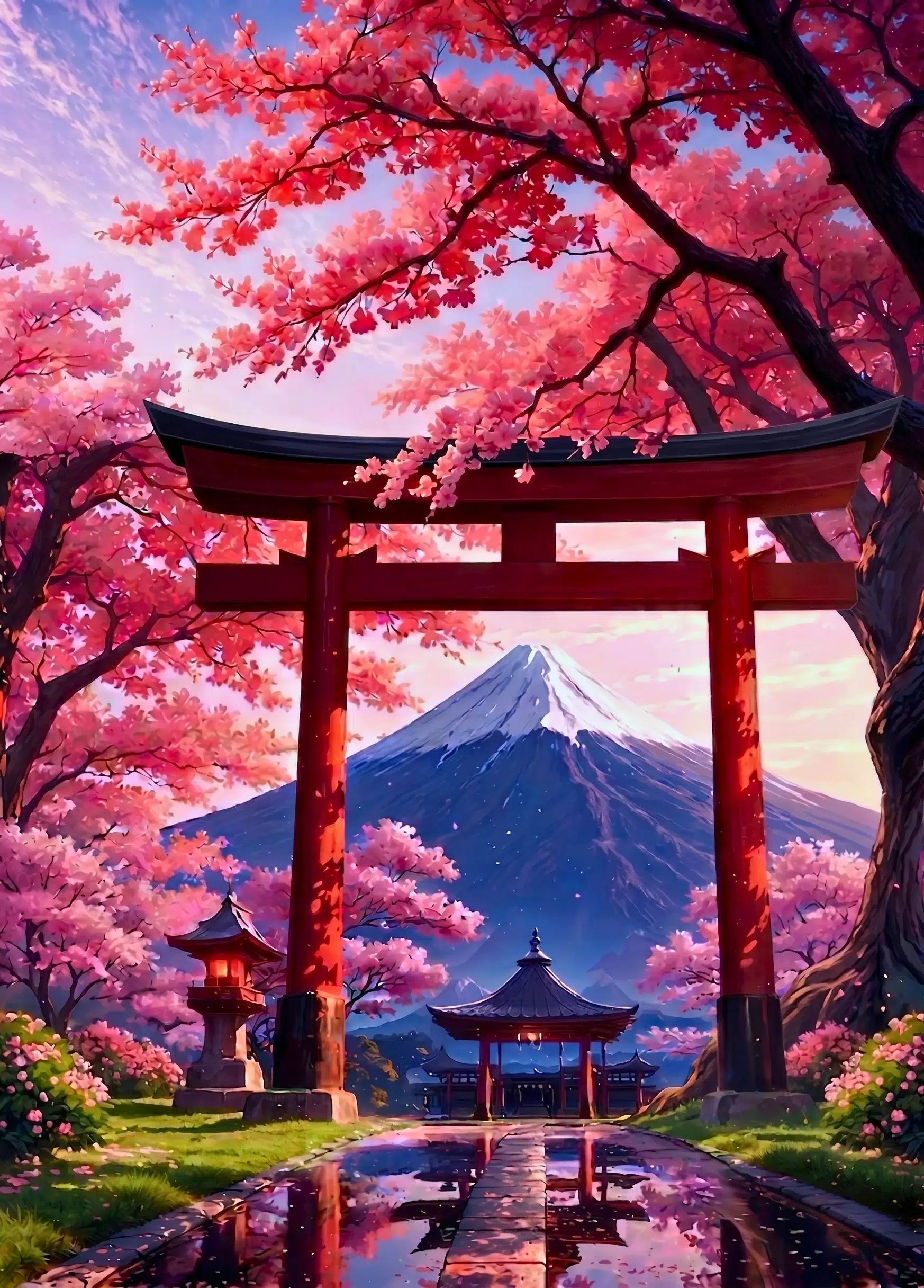 Illustration originale du mont Fuji entouré de cerisiers roses, d’un torii rouge et d’un chemin après la pluie