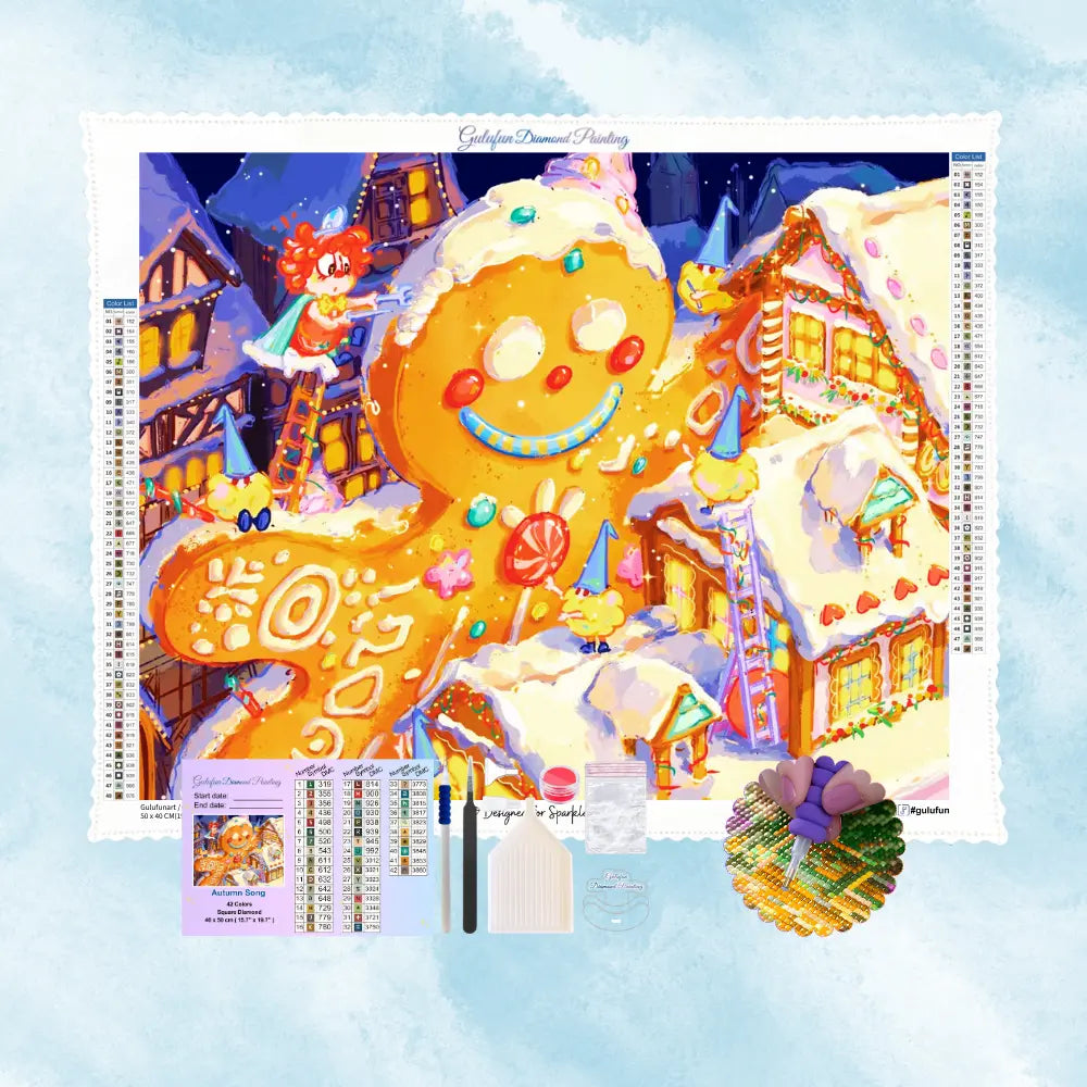 Toile et strass de diamond painting montrant un grand bonhomme de pain d'épices dans un village de Noël avec stylet et plateau.