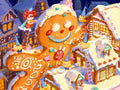 Illustration colorée d'un bonhomme de pain d'épices géant dans un village enneigé.