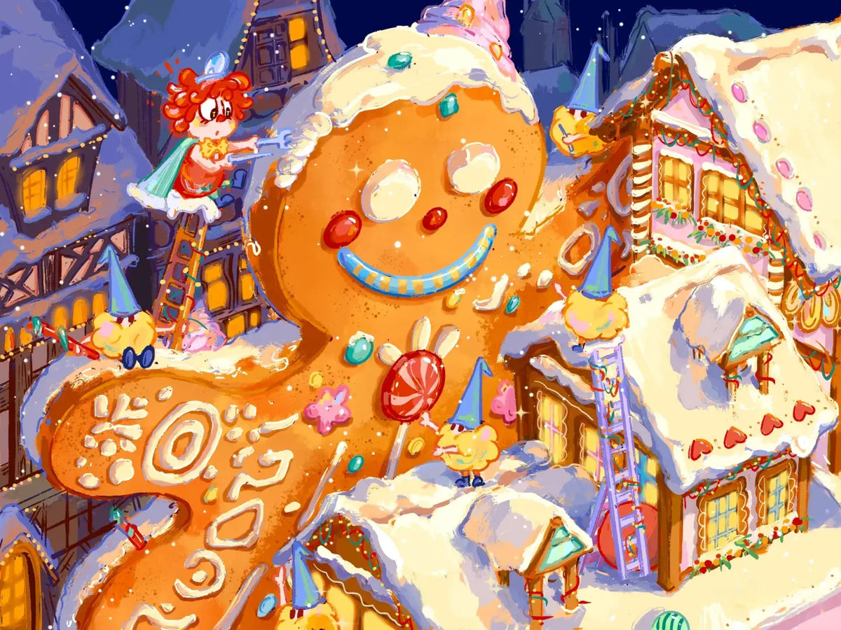 Illustration colorée d'un bonhomme de pain d'épices géant dans un village enneigé.