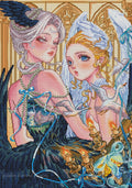 Rendu réaliste haute définition de la broderie diamant terminée 'Anges & Cygnes' (60x82cm). Vue détaillée de la texture utilisant 62 couleurs, dont des diamants en résine carrés, des diamants AB scintillants et des diamants nacrés de haute qualité.