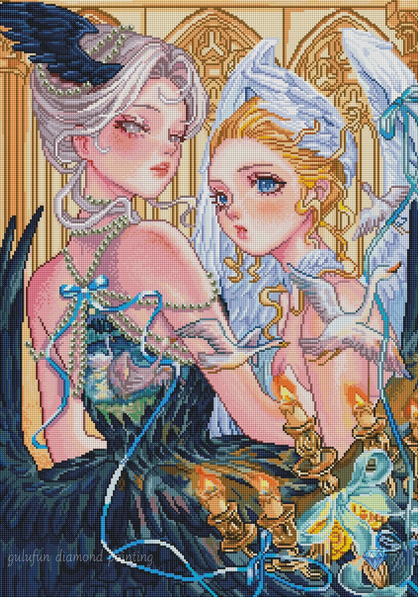 Rendu réaliste haute définition de la broderie diamant terminée 'Anges & Cygnes' (60x82cm). Vue détaillée de la texture utilisant 62 couleurs, dont des diamants en résine carrés, des diamants AB scintillants et des diamants nacrés de haute qualité.