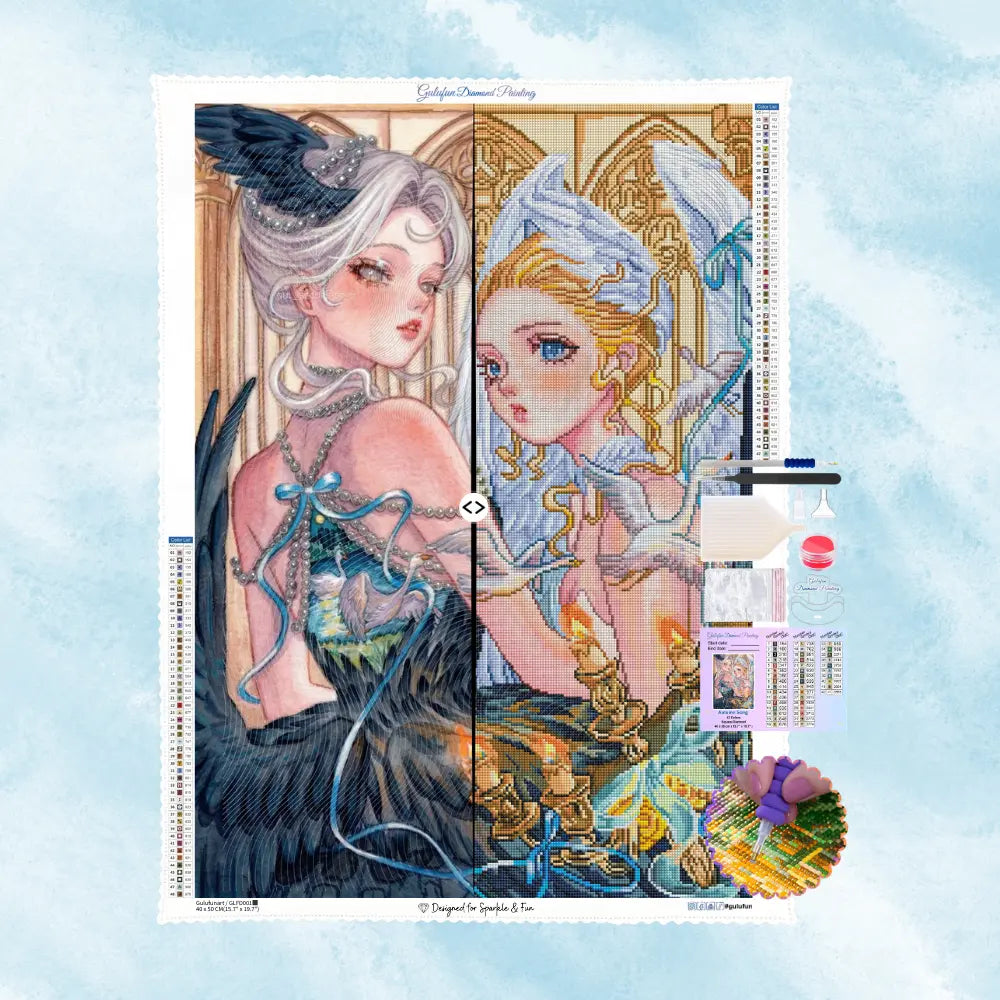 Curseur de comparaison interactif montrant à gauche l'illustration originale de 'Anges & Cygnes' par Gulufun et à droite sa simulation réaliste en kit de broderie diamant terminé.