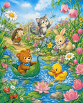 Broderie diamant représentant un ours en bateau feuille entouré d'un caneton, d'un chaton et d'un lapin au bord de l'eau.