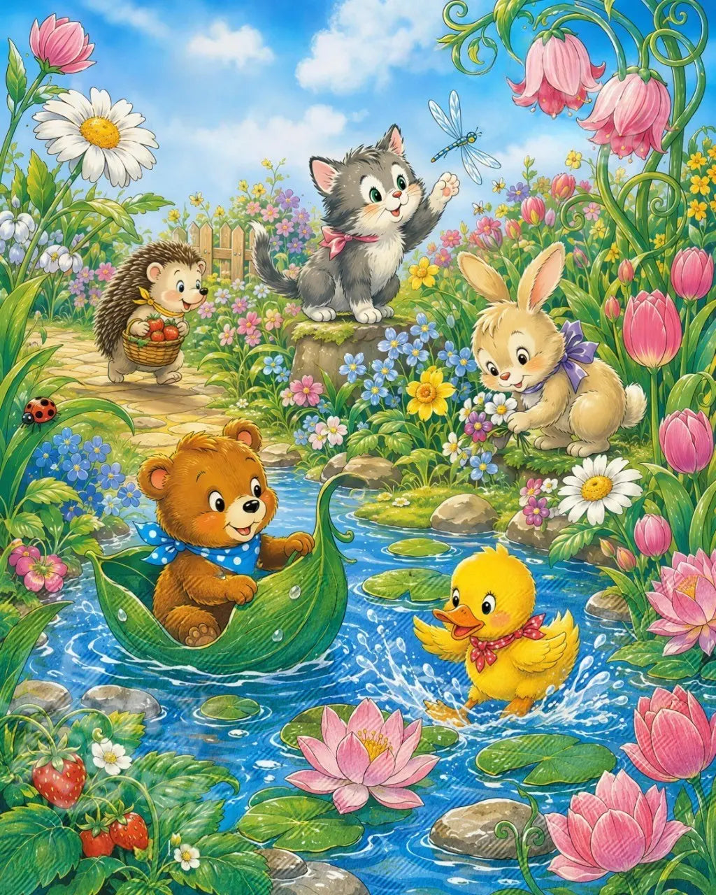 Broderie diamant représentant un ours en bateau feuille entouré d'un caneton, d'un chaton et d'un lapin au bord de l'eau.
