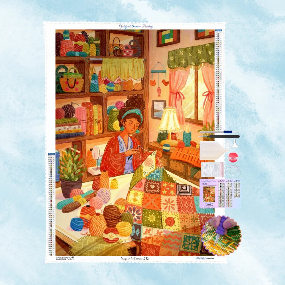 Kit complet de broderie diamant illustrant une femme crochetant un plaid patchwork dans un atelier rempli de pelotes de laine