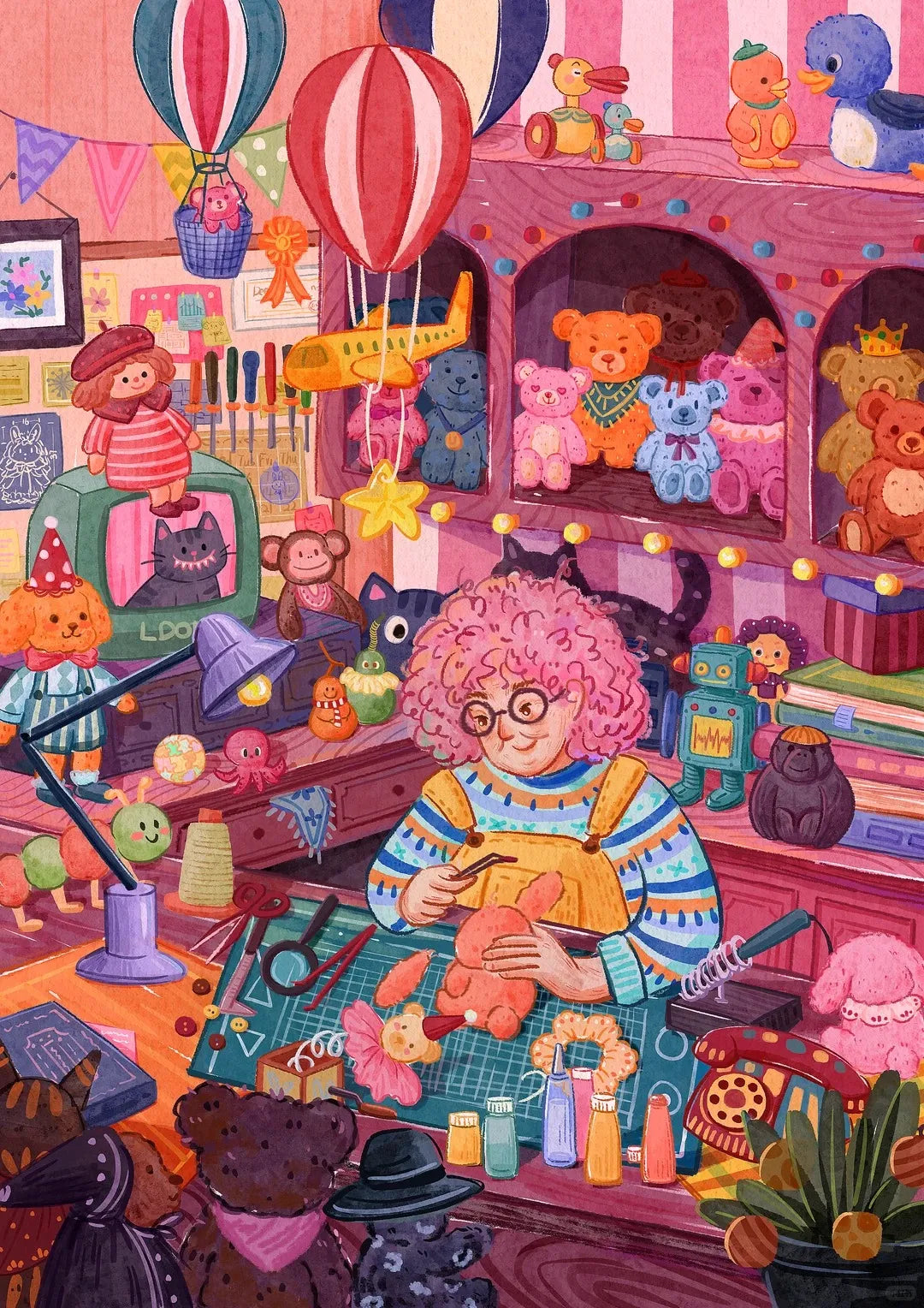 Illustration originale d'un atelier rose et chaleureux avec ours en peluche, montgolfières et outils de création